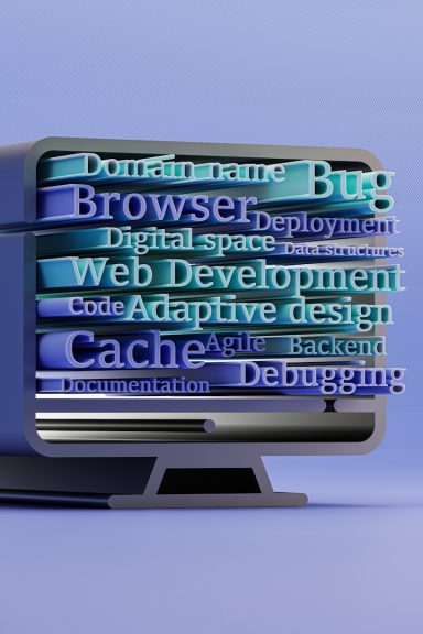 Auf einem Bildschirm sind Bücher über Webentwicklung und Begriffe wie "Debugging" und "Cache" angeordnet.