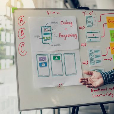 Präsentation eines Boards mit Skizzen und Notizen zu App-Layouts und Benutzererfahrungen.
