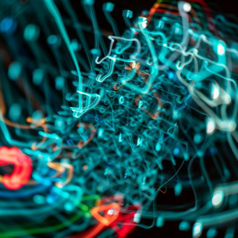 Abstrakte Lichtspur mit bunten, leuchtenden Linien auf dunktem Hintergrund.