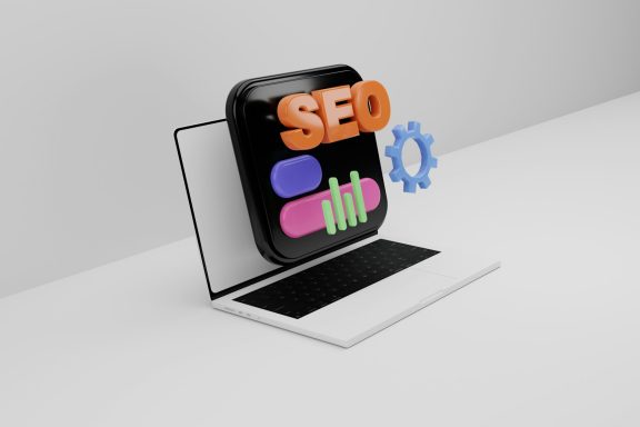 Laptop mit Symbolen für SEO, Diagrammen und einem Einstellungszahnrad.