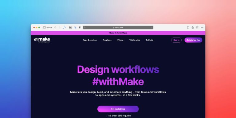 Website mit dem Titel "Design workflows #withMake" auf buntem Hintergrund.