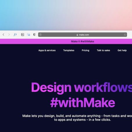 Website mit dem Titel "Design Workflows #withMake" auf einem modernen Bildschirm.